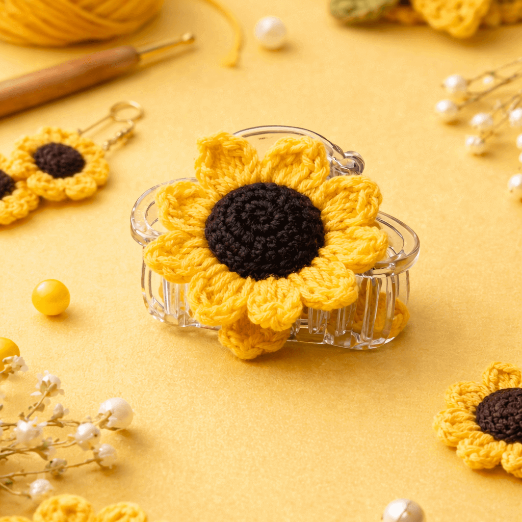 Handmade Crochet Sunflower Hair Clutcher – Yellow & Black Decorative